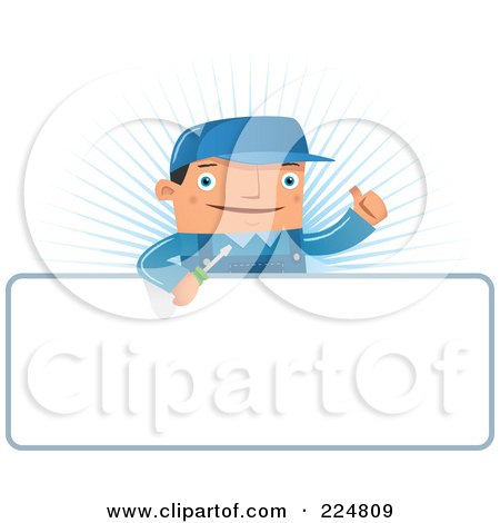 Royalty-Free (RF) Clipart Illustration of a Friendly Engineer Man Holding A Thumb Up Over A Blank Sign Over A Blue Burst by Qiun