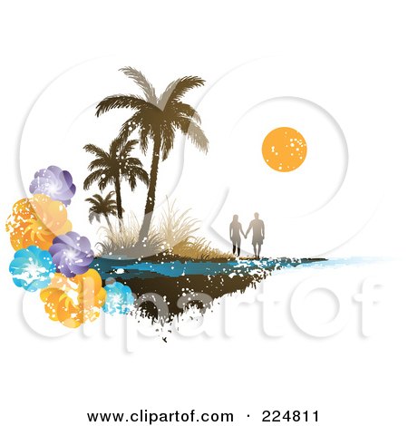 Royalty-Free (RF) Clipart Illustration of a Silhouetted Couple Holding Hands On A Grungy Beach With Tropical Flowers by Qiun