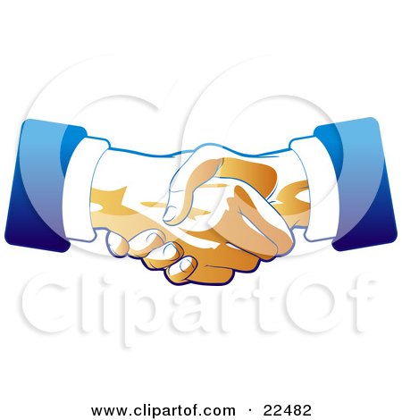 Clipart Illustration of Two Hands Of Businessmen Engaged In A Deal Binding Handshake, In Blue And Tan Tones by Tonis Pan