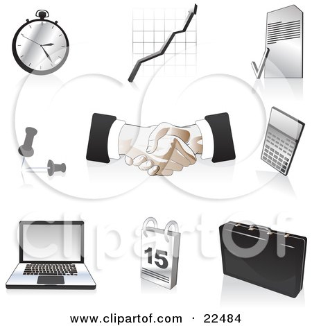 Clipart Illustration of a Collection Of Black, Silver And Tan Pocketwatch, Graph, Letter, Push Pins, Handshakes, Calculator, Laptop Computer, Calendar And Briefcase Icons, Over White by Tonis Pan