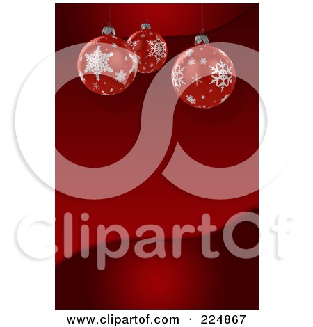 Royalty-Free (RF) Clipart Illustration of a Red Wave Background With Three 3d Suspended Christmas Balls by stockillustrations