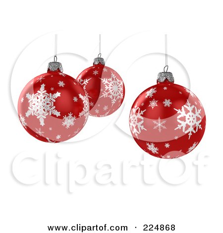 Royalty-Free (RF) Clipart Illustration of Three 3d Suspended Red Christmas Balls With Snowflake Patterns by stockillustrations