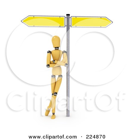 Royalty-Free (RF) Clipart Illustration of a Wooden Mannequin Leaning Against The Pole Of A Directional Sign by stockillustrations