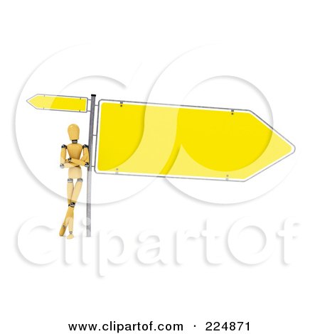 Royalty-Free (RF) Clipart Illustration of a Wooden Mannequin Leaning Against The Pole Of Large And Small Directional Signs by stockillustrations