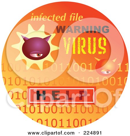 Royalty-Free (RF) Clipart Illustration of a Round Orange Computer Sticker For Infected Computer Viruses by Prawny