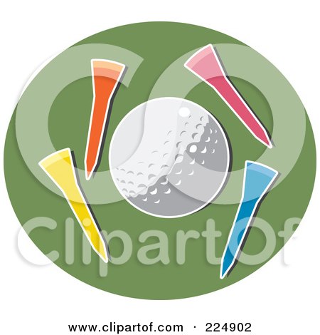 Royalty-Free (RF) Clipart Illustration of a Golf Ball With Colorful Tees On A Green Circle by Prawny