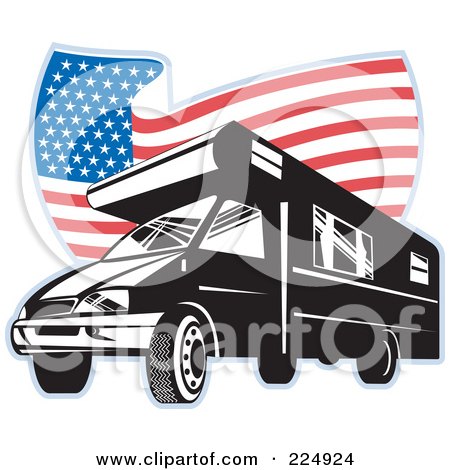 Royalty-Free (RF) Clipart Illustration of a Camper Van And Wavy American Flag Logo by patrimonio