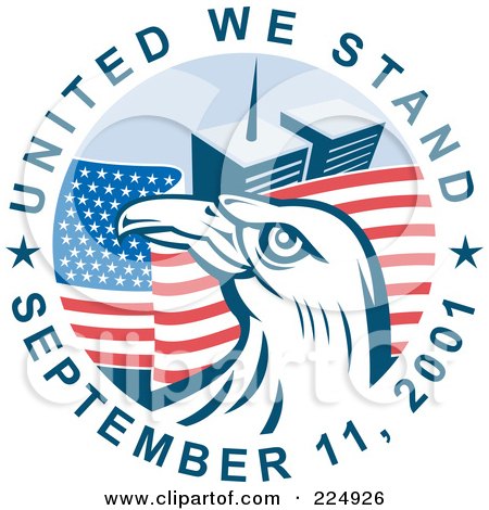 Royalty-Free (RF) Clipart Illustration of United We Stand September 11, 2001 Text Around A Bald Eagle And The Twin Towers by patrimonio