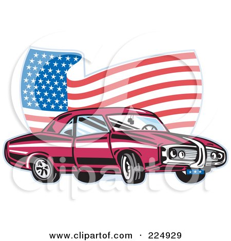 Royalty-Free (RF) Clipart Illustration of a Pontiac Car And Wavy American Flag Logo by patrimonio