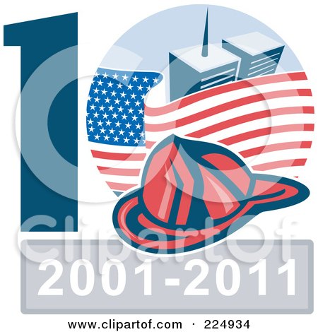 Royalty-Free (RF) Clipart Illustration of a Fireman Hat Over An American Flag And World Trade Center Towers Over 2001-2011 by patrimonio