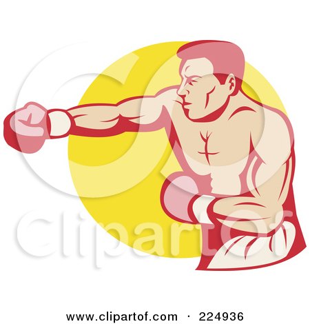 Royalty-Free (RF) Clipart Illustration of a Punching Boxer Over A Yellow Circle Logo by patrimonio