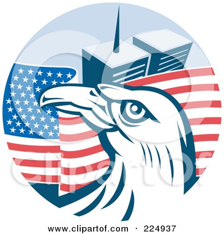 Royalty-Free (RF) Clipart Illustration of a Bald Eagle Head Over An American Flag And The World Trand Center Towers by patrimonio