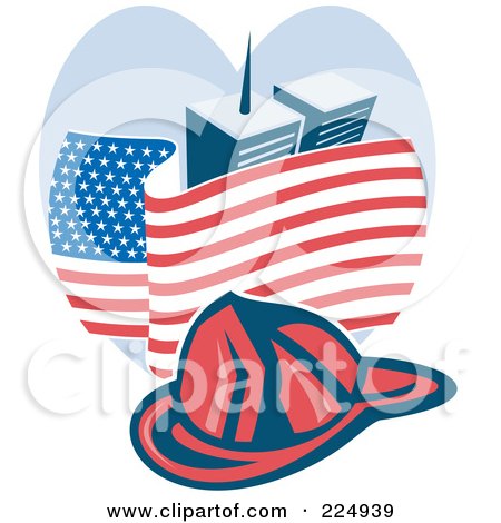 Royalty-Free (RF) Clipart Illustration of a Red Fire Department Helmet Over The American Flag And World Trade Center Towers by patrimonio