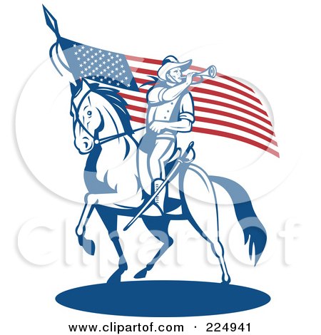 Royalty-Free (RF) Clipart Illustration of a Soldier Playing A Trumpet On Horseback By An American Flag by patrimonio