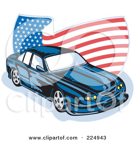 Royalty-Free (RF) Clipart Illustration of a Ford GT V8 And Wavy American Flag Logo by patrimonio