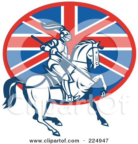 Royalty-Free (RF) Clipart Illustration of a Retro Knight Knight On Horseback And British Flag Logo by patrimonio