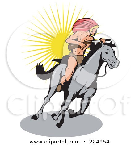 Royalty-Free (RF) Clipart Illustration of a Native American Riding A Gray Horse by patrimonio