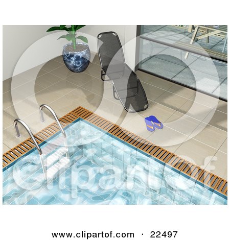 Clipart Illustration of a Chaise Lounge By A Potted Plant And Window, With Flip Flops On The Tiles Around An Indoor Swimming Pool by KJ Pargeter