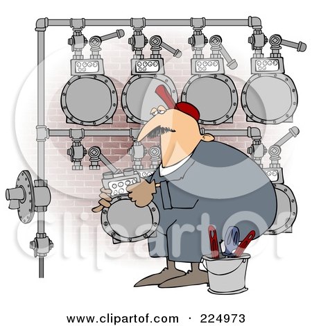 Royalty-Free (RF) Clipart Illustration of a Worker Man Changing A Gas Meter Header By A Brick Wall by djart