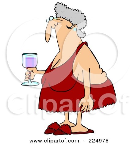 Royalty-Free (RF) Clipart Illustration of a Senior Woman In Red Lingerie, Carrying A Glass Of Wine by djart
