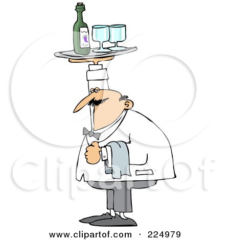 Royalty-Free (RF) Clipart Illustration of a Chubby Male Waiter Holding A Tray Of Wine Over His Head by djart