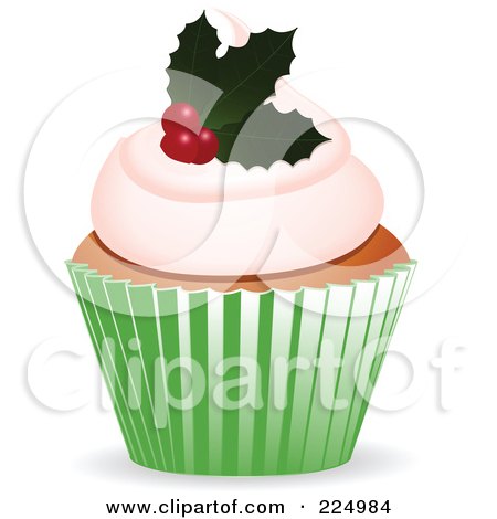 Royalty-Free (RF) Clipart Illustration of a Christmas Cupake With A Holly Garnish by elaineitalia