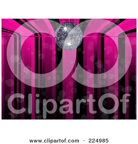 Royalty-Free (RF) Clipart Illustration of a Pink And Black Music Background With A Silver Disco Ball by elaineitalia