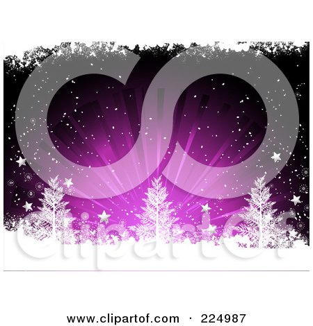 Royalty-Free (RF) Clipart Illustration of a Purple Grunge Christmas Background Of Snow, Trees And A Purple Burst by elaineitalia