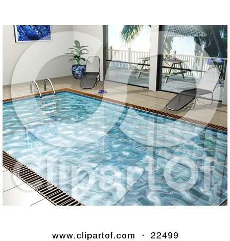 Clipart Illustration of Two Chaise Lounges By An Indoor Swimming Pool With Large Windows Looking Out Onto A Patio by KJ Pargeter