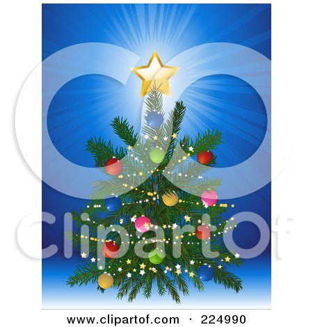 Royalty-Free (RF) Clipart Illustration of a Trimmed Christmas Tree With A Golden Shining Star On Blue by elaineitalia