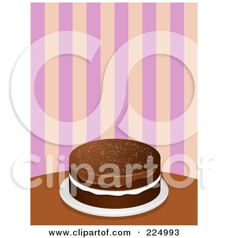 Royalty-Free (RF) Clipart Illustration of a Chocolate Cake With Filling And Fudge Frosting, On A Table Against Stripes by elaineitalia