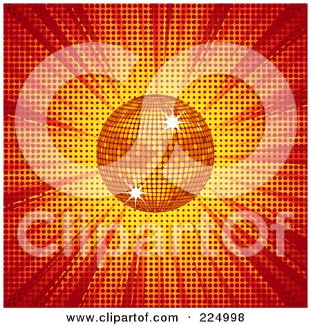 Royalty-Free (RF) Clipart Illustration of an Orange Disco Ball Over Red And Yellow Light And Halftone by elaineitalia