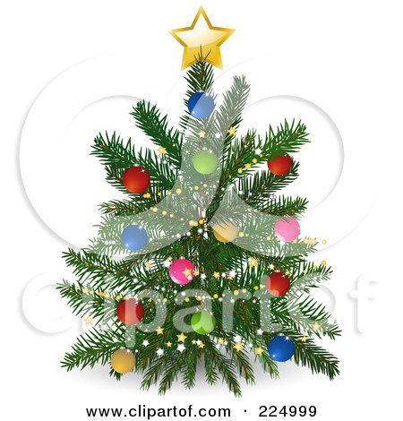 Royalty-Free (RF) Clipart Illustration of a Trimmed Christmas Tree With A Golden Shining Star On Blue by elaineitalia
