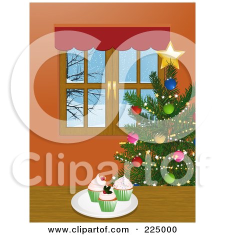 Royalty-Free (RF) Clipart Illustration of a Plate Of Christmas Cupcakes And A Tree By A Window With A Winter Scene by elaineitalia