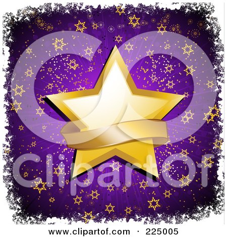 Royalty-Free (RF) Clipart Illustration of a Golden Banner Over A Star On Purple With Stars And White Grunge by elaineitalia