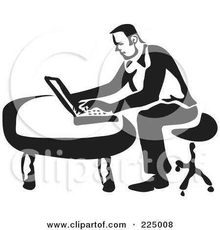 Royalty-Free (RF) Clipart Illustration of a Black And White Thick Line Drawing Of A Man Using A Laptop by Prawny