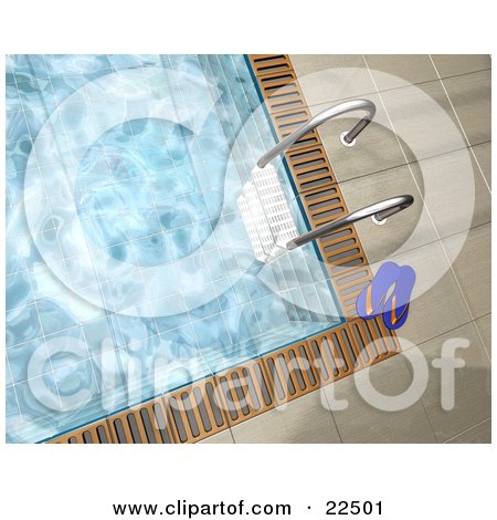 Clipart Illustration of a Ladder And Pair Of Flip Flops At The Edge Of A Swimming Pool With Rippling Water by KJ Pargeter