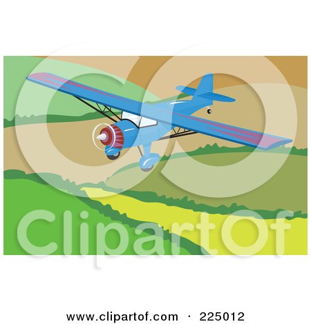Royalty-Free (RF) Clipart Illustration of a Blue And Purple Airplane Over A Field by Prawny