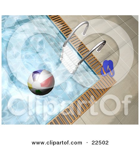 Clipart Illustration of a Pair Of Flip Flops And A Ladder At The Edge Of A Swimming Pool With A Colorful Beach Ball Floating On The Water by KJ Pargeter