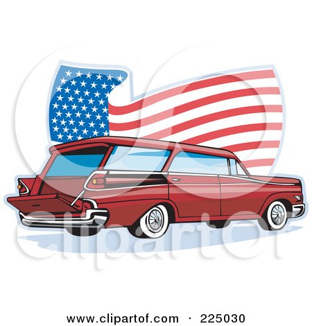 Royalty-Free (RF) Clipart Illustration of a Retro Station Wagon And Wavy American Flag Logo by patrimonio