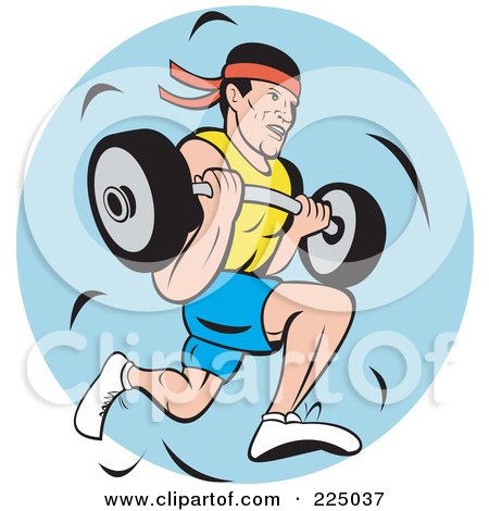 Royalty-Free (RF) Clipart Illustration of a Man Running And Carrying A Barbell Logo by patrimonio