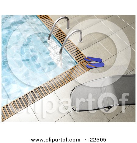 Clipart Illustration of a Pair Of Thong Sandals By A Ladder And Chaise Lounge At The Edge Of A Swimming Pool by KJ Pargeter