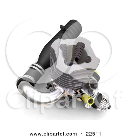 Clipart Illustration of a Chrome, Black And Eyllow Car Engine Over White by KJ Pargeter