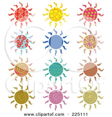 Royalty-Free (RF) Clipart Illustration of a Digital Collage Of Colorful Patterned Suns by Prawny