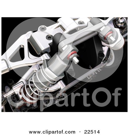 Clipart Illustration of a Closeup Of Red And Chrome Suspension Car Parts And Springs Over Black by KJ Pargeter