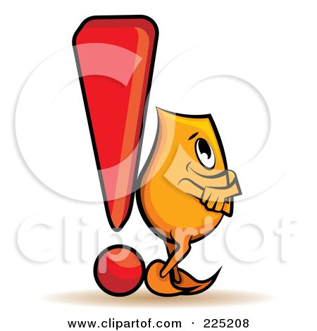 Royalty-Free (RF) Clipart Illustration of an Orange Blinky Cartoon Character Leaning Against An Exclamation Point by MilsiArt