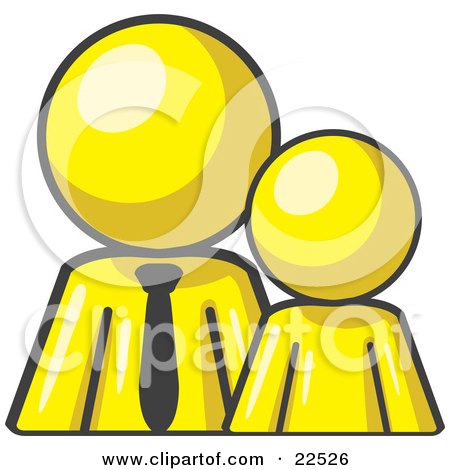 Clipart Illustration of a Yellow Child Or Employee Standing Beside A Bigger Blue Businessman, Symbolizing Management, Parenting Or Mentoring by Leo Blanchette