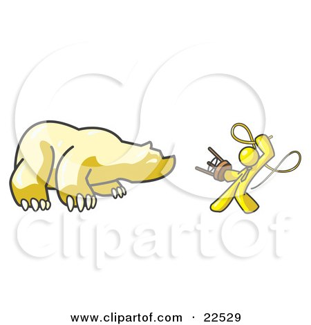 Clipart Illustration of a Yellow Man Holding a Stool and Whip While Taming a Bear, Bear Market by Leo Blanchette