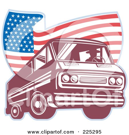 Royalty-Free (RF) Clipart Illustration of a Man Driving A Van And Wavy American Flag Logo by patrimonio
