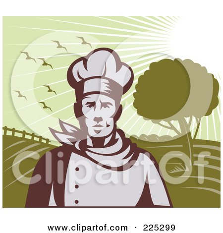 Royalty-Free (RF) Clipart Illustration of a Chef Standing Against Green Farm Land by patrimonio